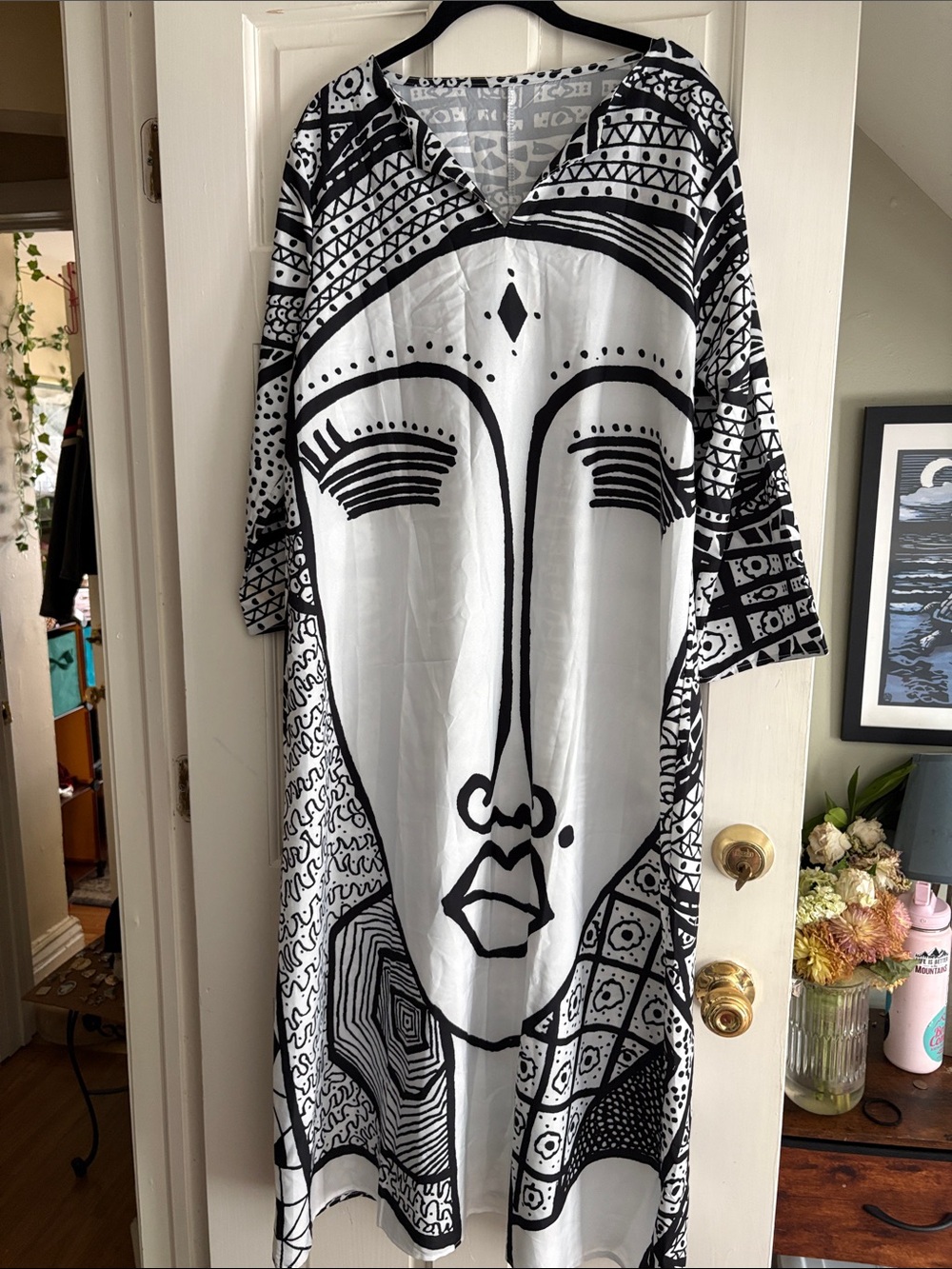 Black & White Graphic Face-Print Kaftan Dress. Lounge